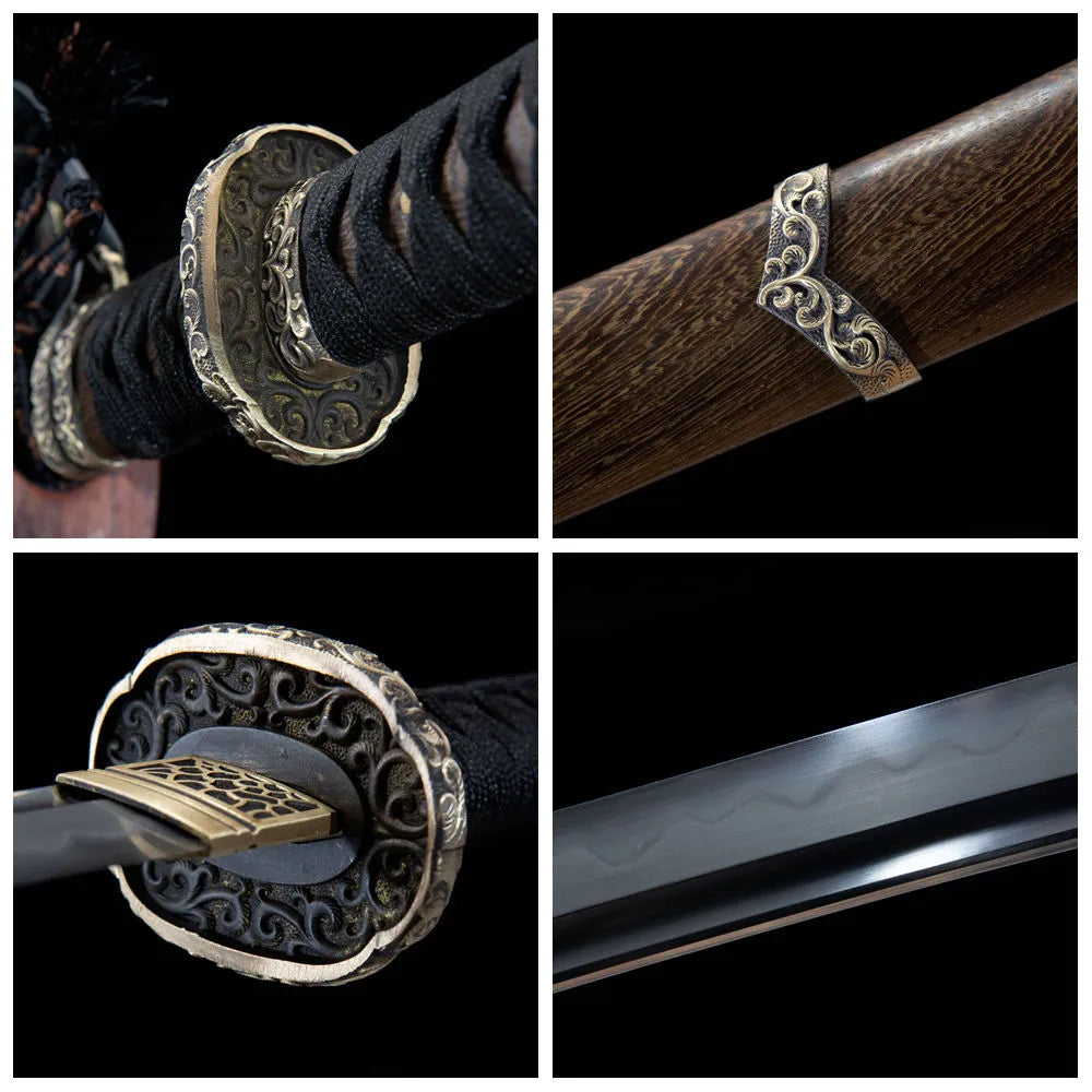 4-grid collage Yihe relief copper tsuba black ray skin tsuka notare blade red brown gradient saya