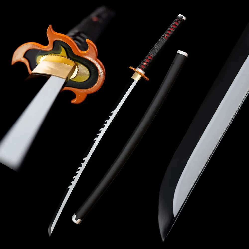 Kamado Tanjirou second‑gen broken serrated nichirin katana drawn wave‑tooth blade matte black saya full black‑background studio shot