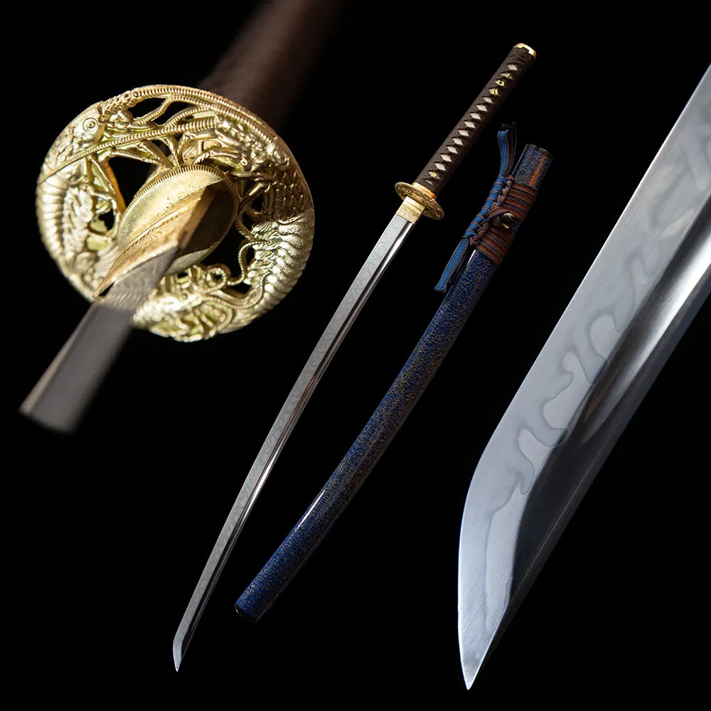 Prawn katana drawn blade & blue gold speckle saya black studio full shot