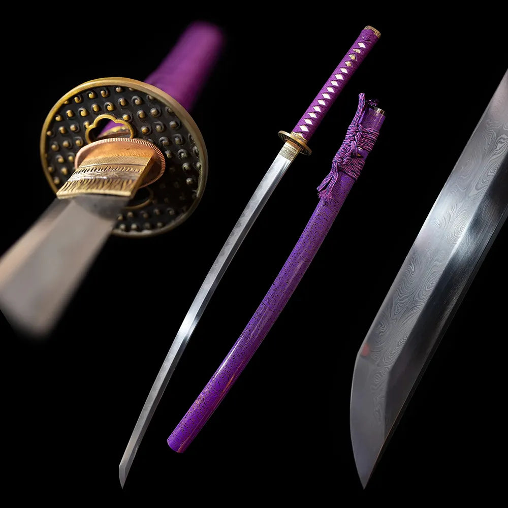 Gold‑Band‑Katana luxury violet gold‑flake ornate‑band‑motif samurai katana drawn T10 clean suguha straight‑even hamon blade violet‑purple shattered‑gold‑flake saya full black‑background studio shot