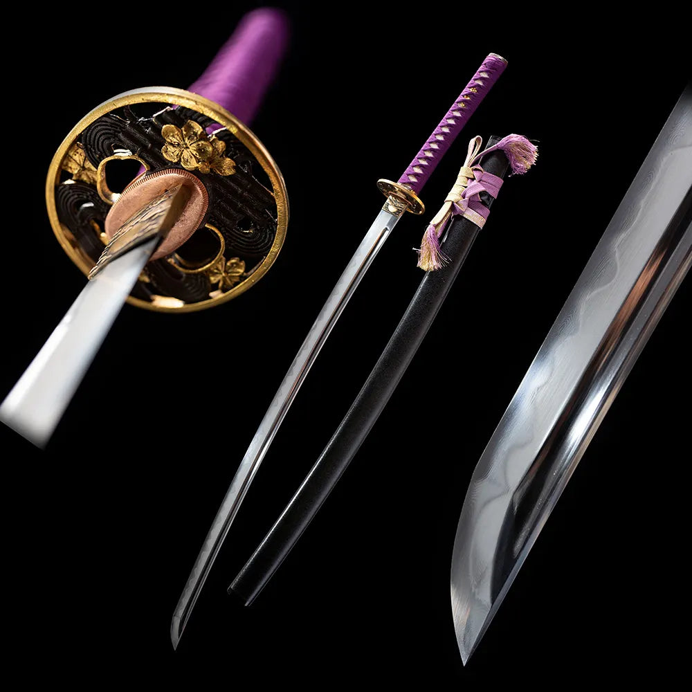 Clover sunflower katana drawn blade and black saya pure black studio full shot