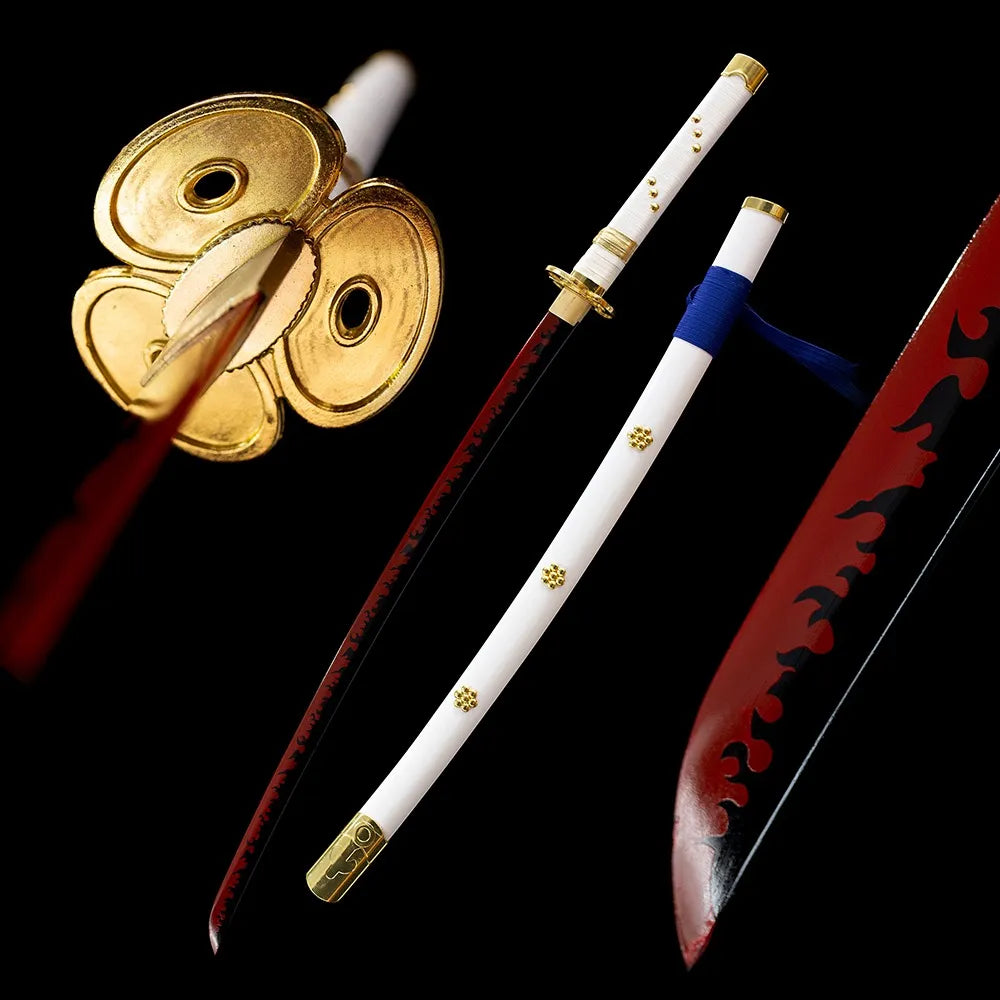 Amenohabakiri Kozuki Oden katana drawn blade glossy white saya full black‑background studio shot
