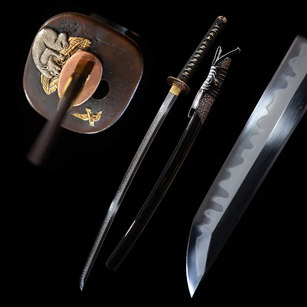 Monkey katana blade and black speckle saya full black background shot