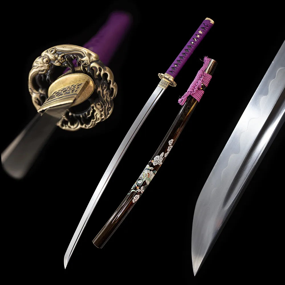 Raijin‑Fujin‑Katana japanese‑myth raijin‑fujin wind‑thunder‑deity samurai katana drawn T10 midare‑gunome wind‑thunder shifting hamon blade glossy‑black painted raijin‑fujin saya full black‑background studio shot