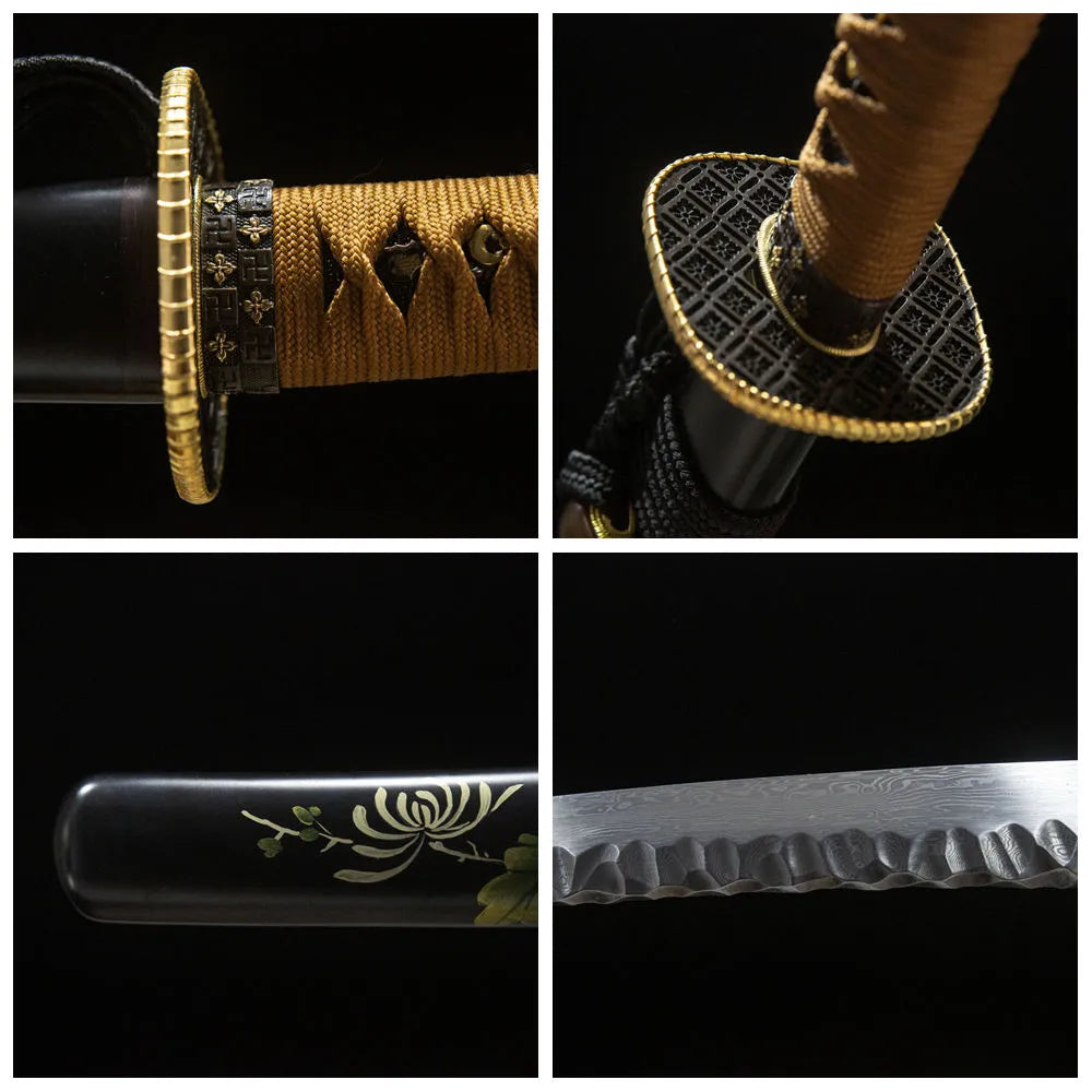 4-grid collage chrysanthemum wakizashi folded blade plain copper tsuba hand drawn saya