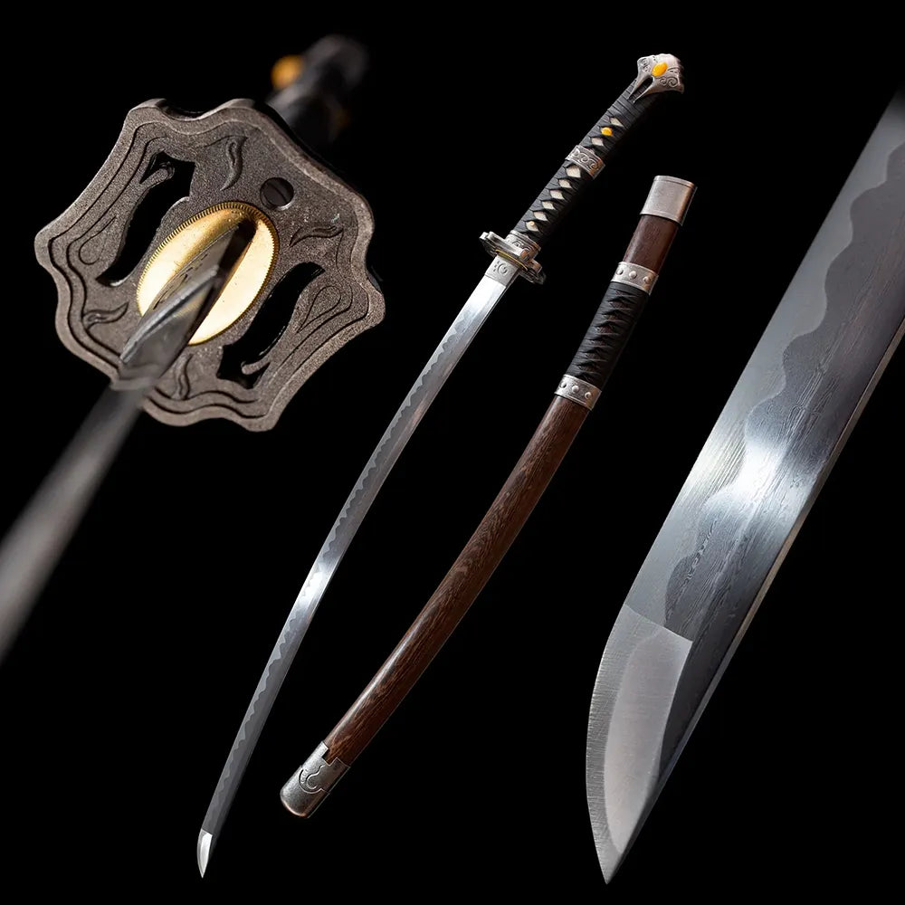 Ninja evil god dragon katana separated blade & natural rosewood saya pure black studio full shot
