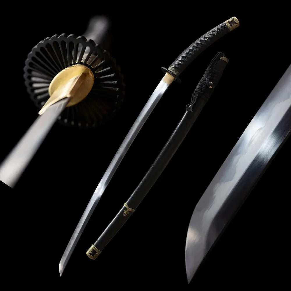 Black‑Tachi‑Sword dark‑solemn minimalist‑warrior tachi drawn T10 midare irregular hamon blade full matte‑black pattern‑free tachi saya full black‑background studio shot
