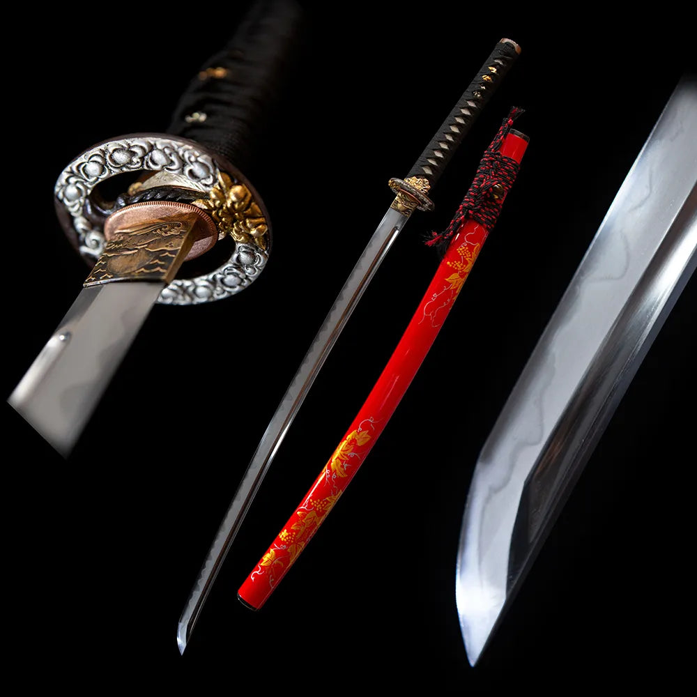 Autumn leaf katana blade and amber maple print saya full studio shot