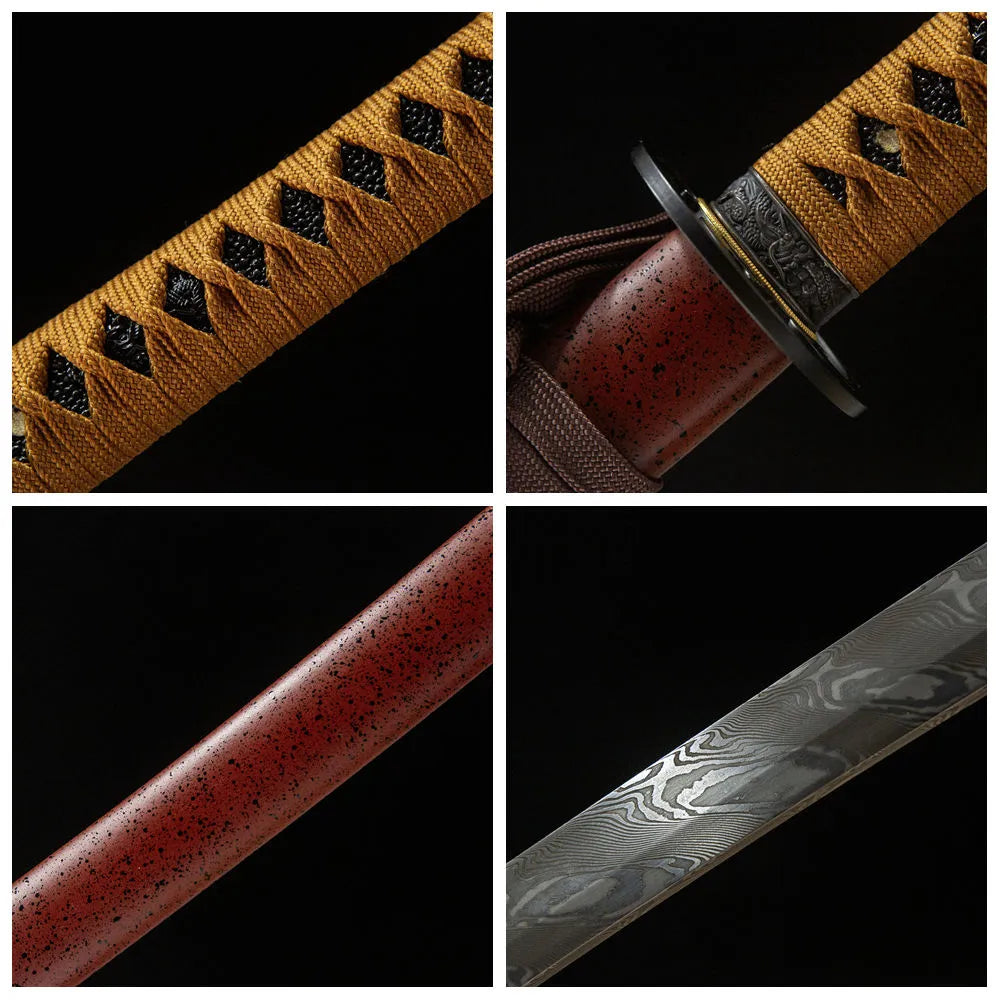 4-grid collage Tuoyuan folding steel blade iron tsuba fake rayskin plain wood saya