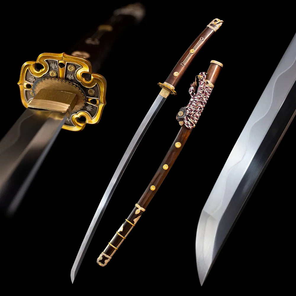 Royal‑Chrysanthemum‑Tachi japanese imperial‑chrysanthemum aristocratic‑classical tachi long sword drawn T10 gunome‑suguha layered‑chrysanthemum‑petal hamon blade wine‑red imperial‑chrysanthemum maki‑e saya full black‑background studio shot