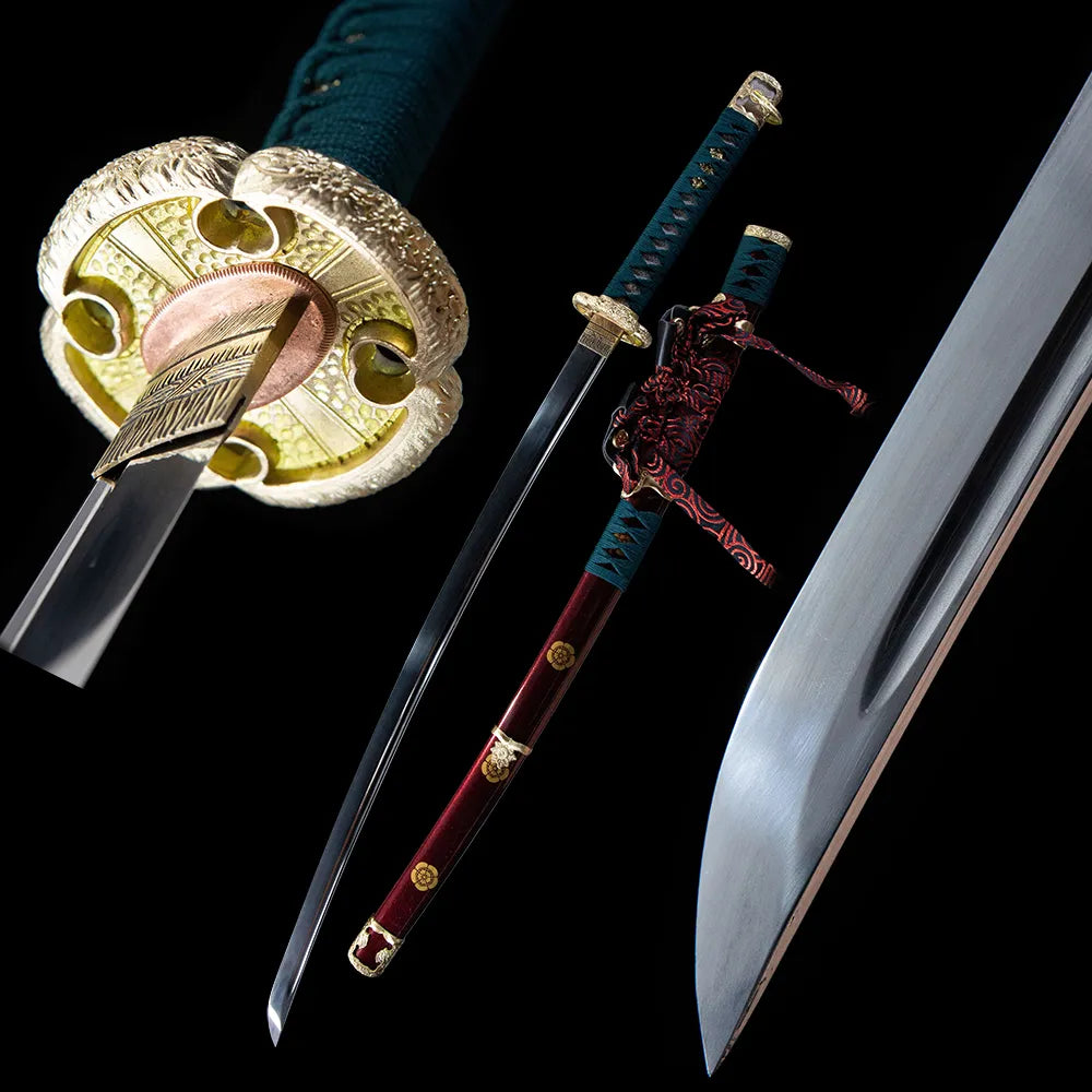 T10 Mirror Polished Plain Blade Gilded Floral Brass Fittings Dark Green Samekawa Tsuka Sparkle Burgundy Saya Long Traditional Tachi Disassemblable Sword