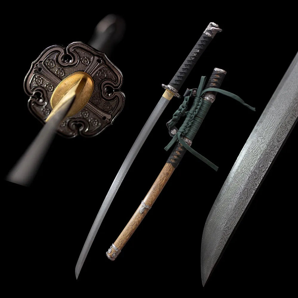Night‑Eagle‑Tachi wild‑raptor night‑eagle themed tachi drawn multi‑layer damascus oil‑quenched blade vintage wood‑grain tachi saya full black‑background studio shot