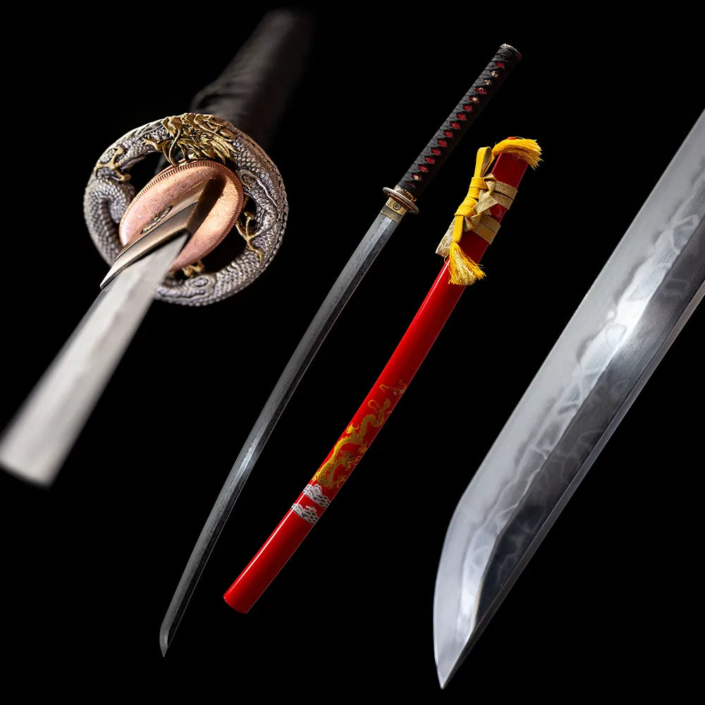 Auspicious dragon katana separated damascus blade bright red golden dragon saya pure black studio full shot