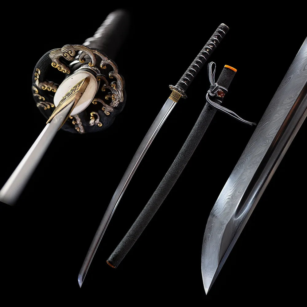 Spray wave damascus katana separated blade and black textured saya pure black studio full shot