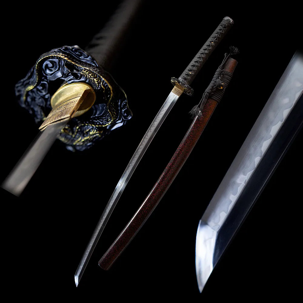 Black dragon katana blade and red speckle saya black studio full shot