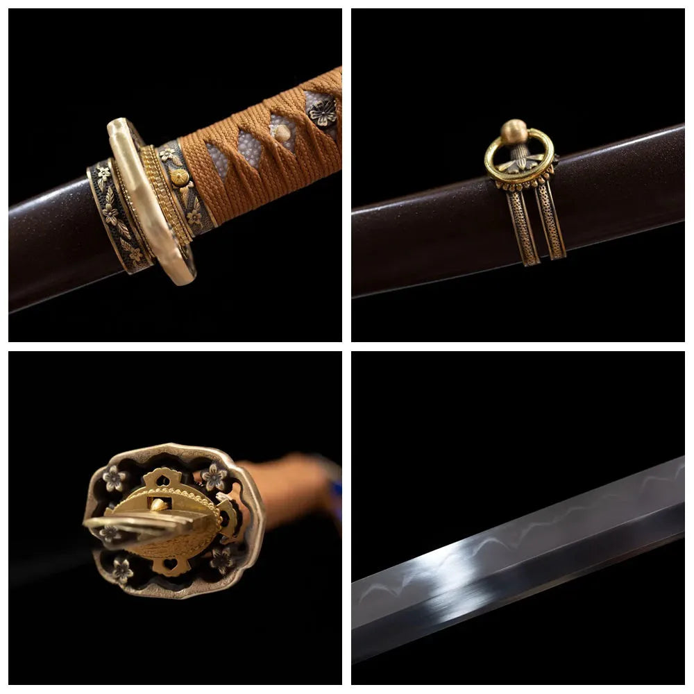 Four‑grid collage floral‑engraved brass military tsuba, tan‑brown ito tsuka, dark‑brown vintage saya, wave hamon blade close‑up details