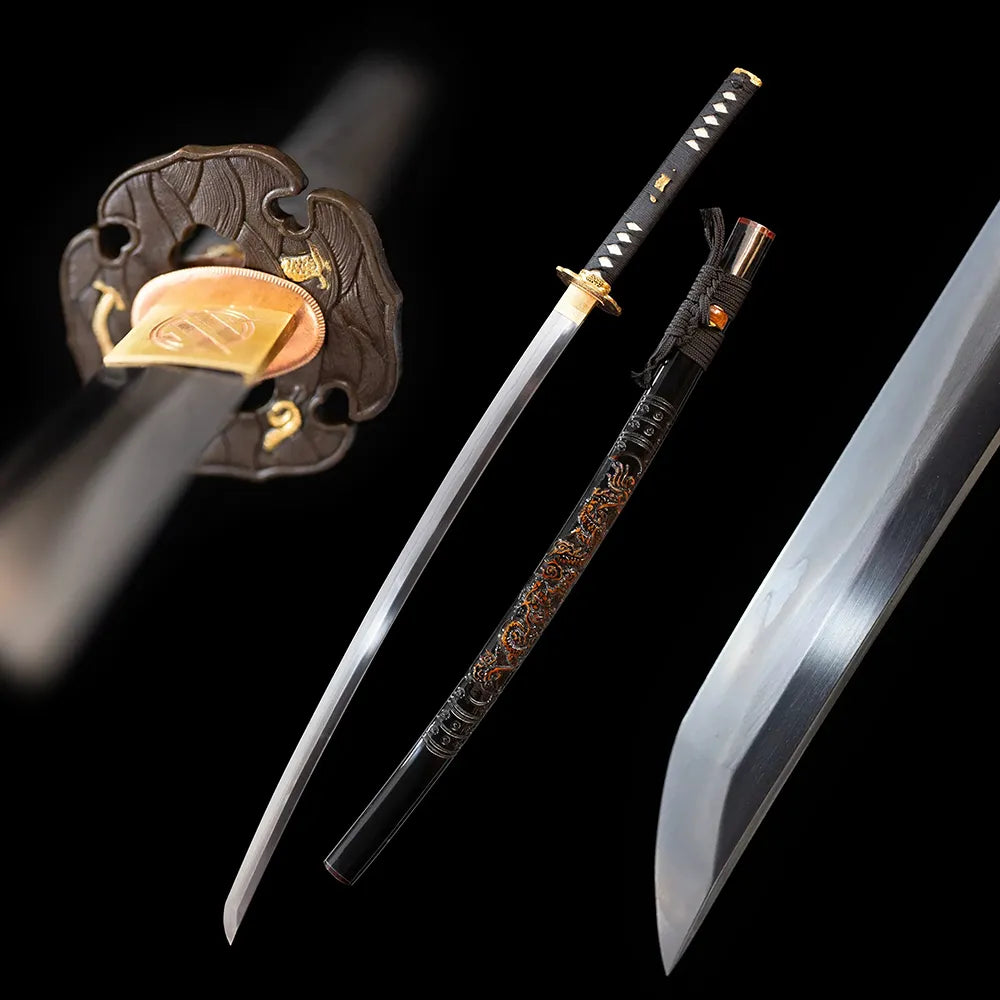 Nine‑Heavenly‑Dragons‑Katana oriental‑myth nine‑heaven‑dragon‑sovereign‑motif majestic samurai katana drawn T10 midare‑gunome surging‑dragon‑roiling hamon blade jet‑black gilded nine‑heaven‑dragon‑cloud‑wave maki‑e saya full black‑background studio shot
