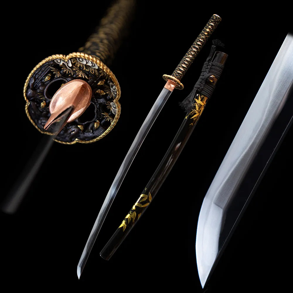 Bamboo forest katana blade and green bamboo relief saya dark studio full shot