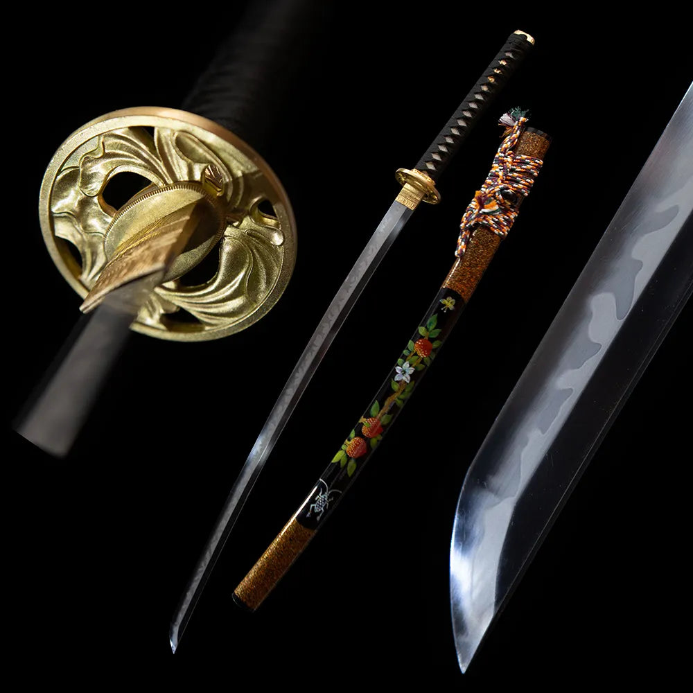 Berserk Katana full shot pomegranate maki-e saya & drawn blade black background