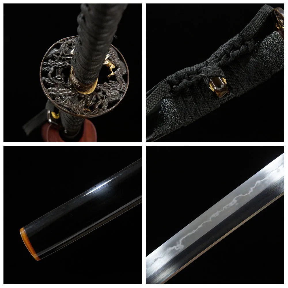 4-grid collage of Red-Crowned Crane Katana blade, crane tsuba, ray skin tsuka and ox horn saya details