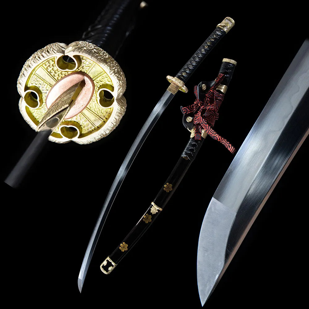 T10 Plain Mirror Blade Hollow Floral Gilded Brass Fittings Black Red Gold Family Crest Saya White Ray Skin Tachi Disassemblable Long Samurai Sword