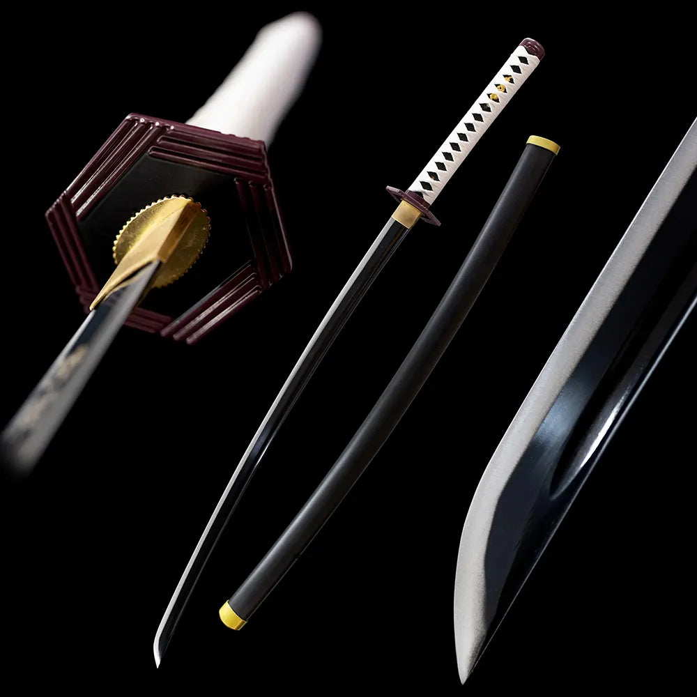 Tomioka Giyuu Water Hashira nichirin katana drawn blade matte‑black saya full black‑background studio shot