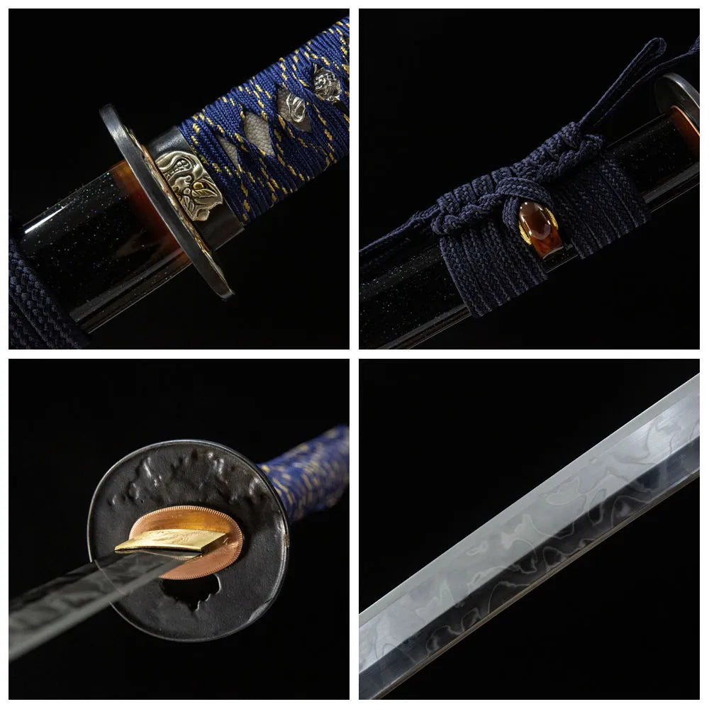 4-grid collage Evil Spirit demon gilded tsuba blue gold moro tsuka hitatsura blade black starry saya