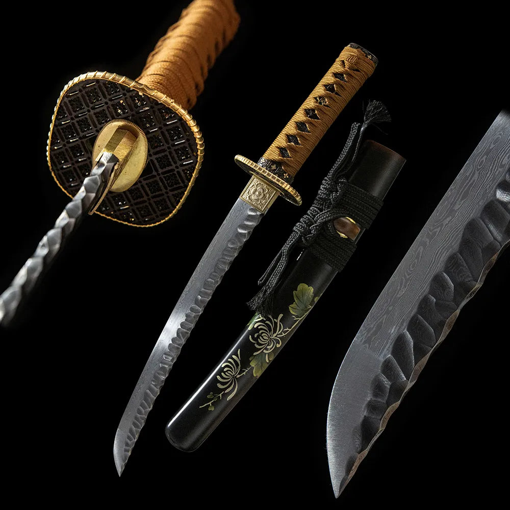 Chrysanthemum Pattern Wakizashi, Folding Steel Water Quench Hand Drawn Plant Saya Plain Copper Daisho Short Sword