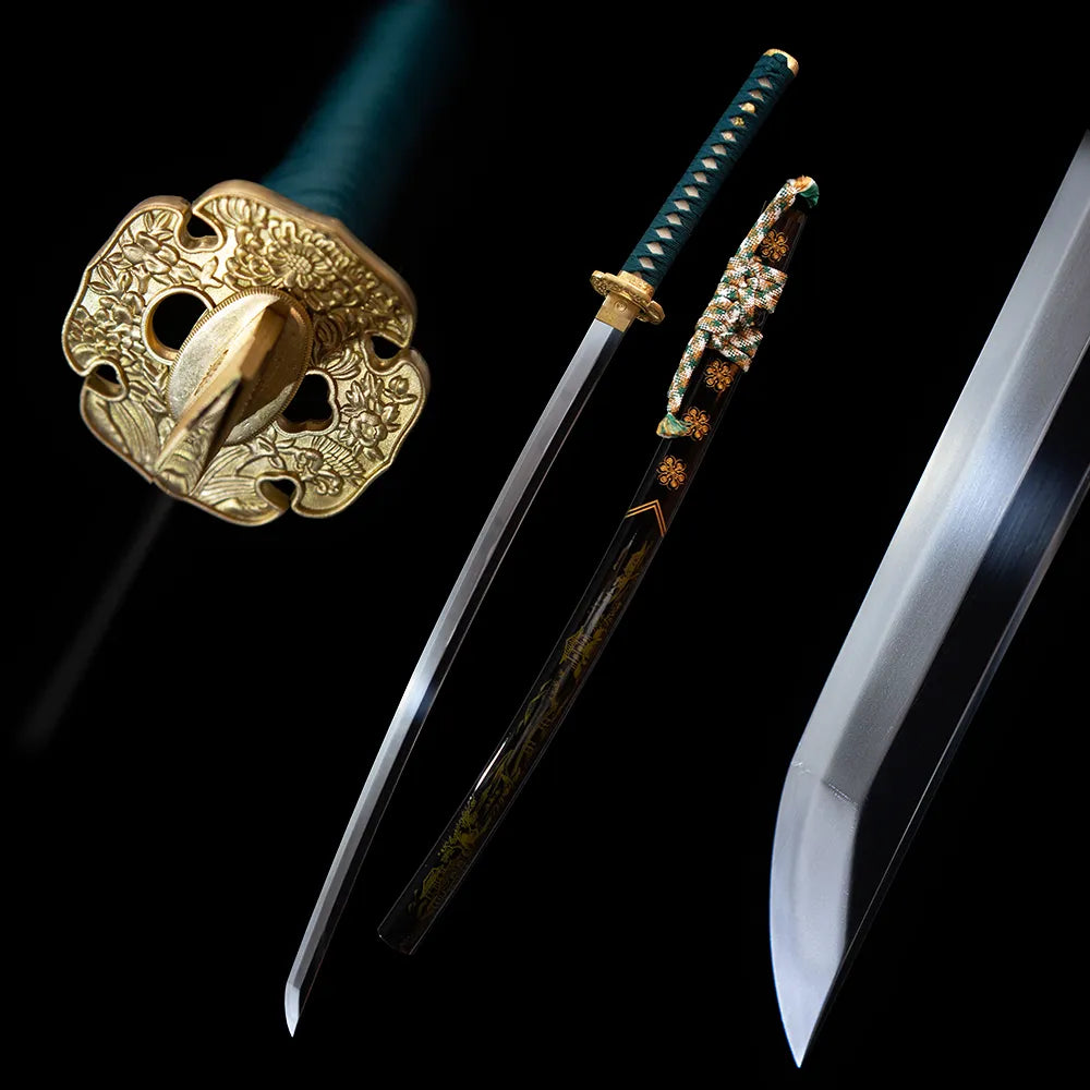 Cool Breeze katana drawn blade and black gold floral saya black studio background