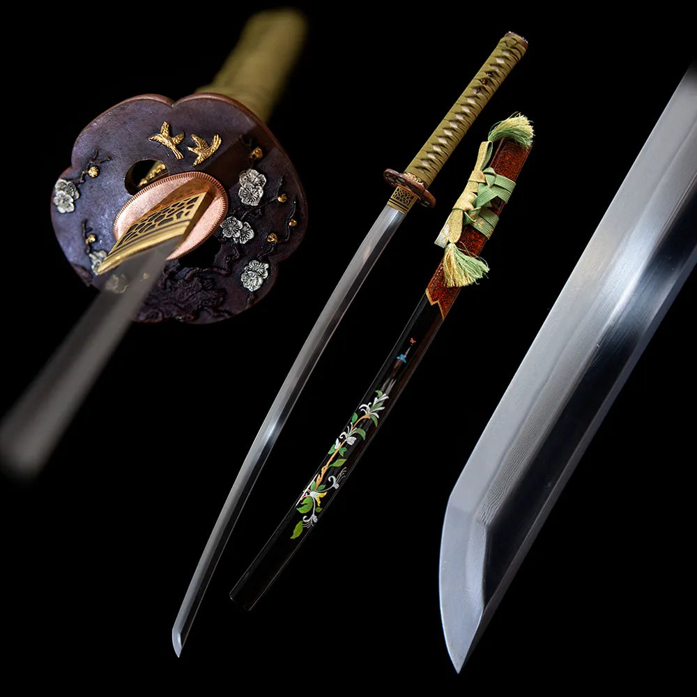 Wind themed katana blade and matte silver wind grain saya black studio shot