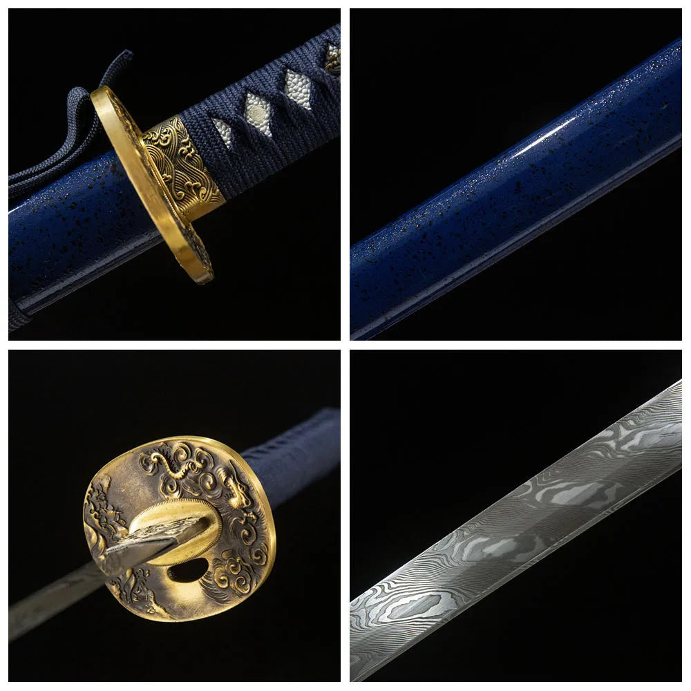 4-grid collage Pirate Katana twist damascus blade plain copper tsuba fake rayskin tsuka wood saya
