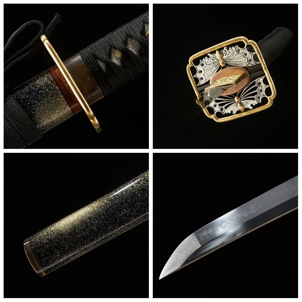 4-grid detail collage of Butterfly Katana blade, handle, handcrafted butterfly tsuba and solid wood saya