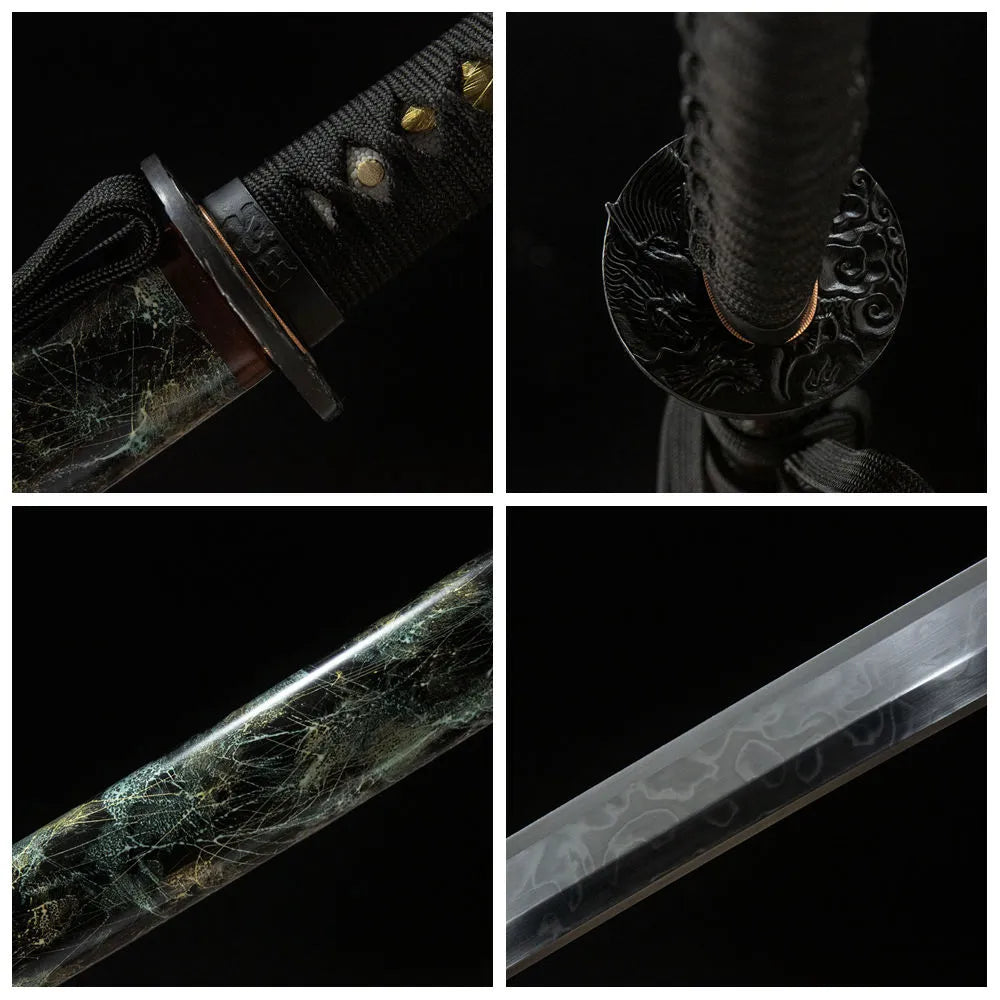 4-grid collage Yunlong hitatsura blade stainless cloud dragon tsuba ray skin tsuka green crack ox horn saya