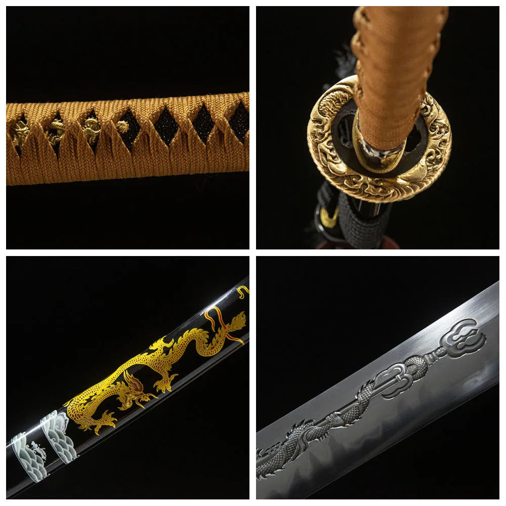 Dragon Soul Katana | T10 Tsuchioki Gunome Hamon Gold Silver Dragon Copper Solid Wood Paint Disassemblable Katana