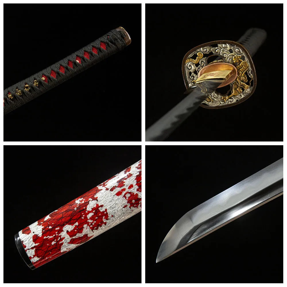 4-grid detail collage of Flame Katana blade, handle, tsuba and hand-painted saya