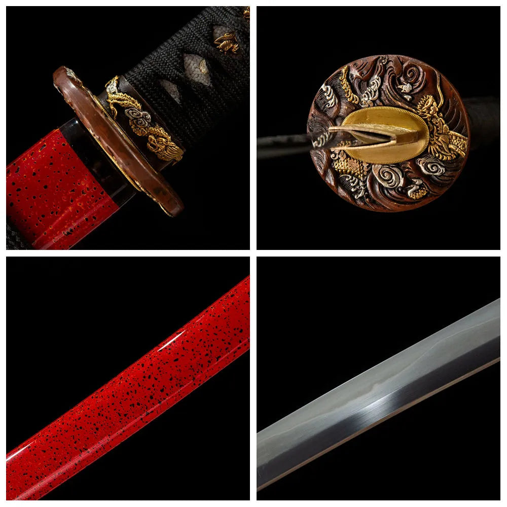 4-grid collage Sea Dragon Emperor T10 notare blade sea dragon gilded copper tsuba ray skin tsuka ox horn saya