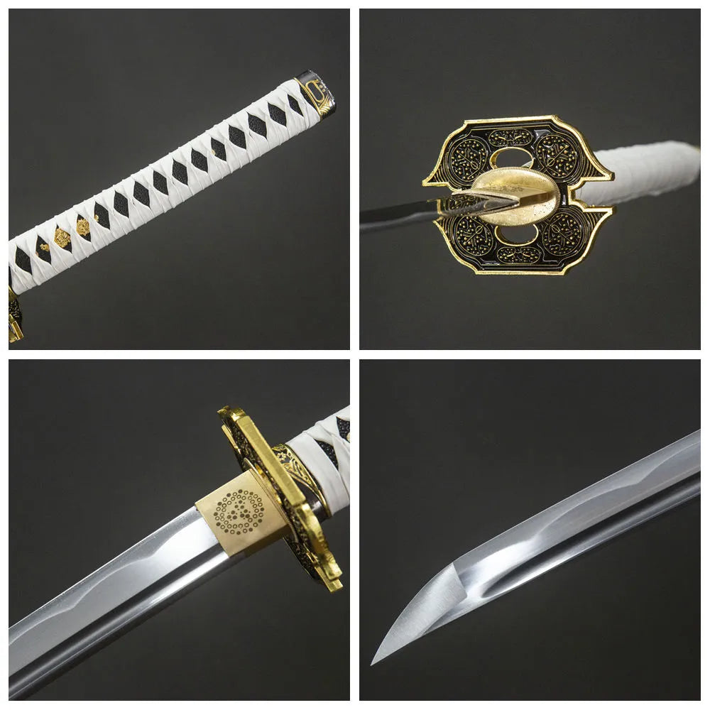 4-grid detail collage Yamato 1045 blade alloy tsuba basic moro tsuka plain PU wrapped saya