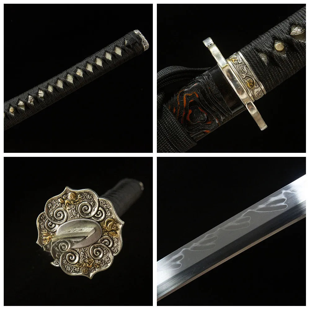 4-grid detail collage of The Firmament Tachi blade, copper tsuba, ray skin tsuka and full copper saya fittings