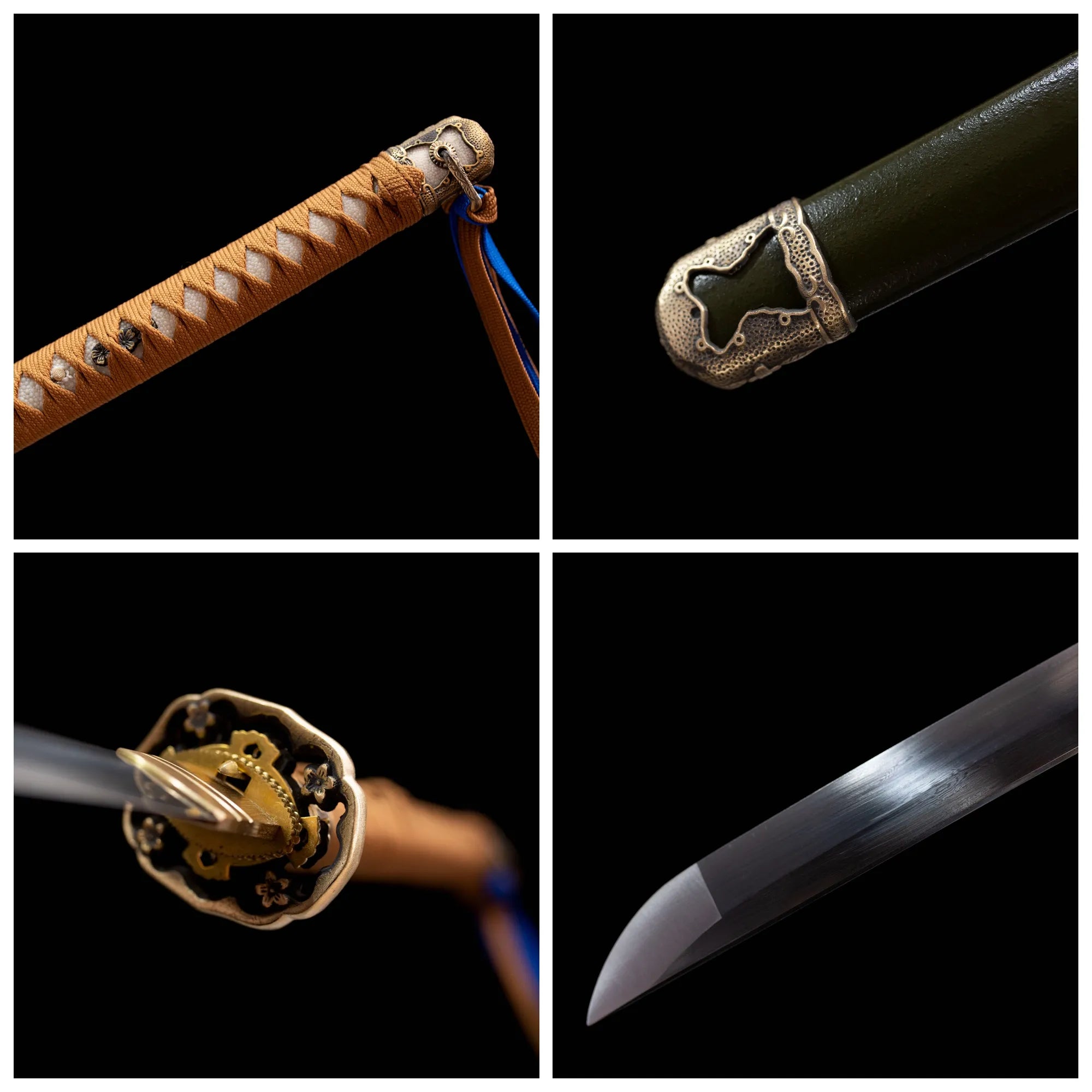 Four‑grid collage aged brass floral military tsuba, tan‑brown ito tsuka, military‑green saya, damascus folded‑steel blade close‑up details