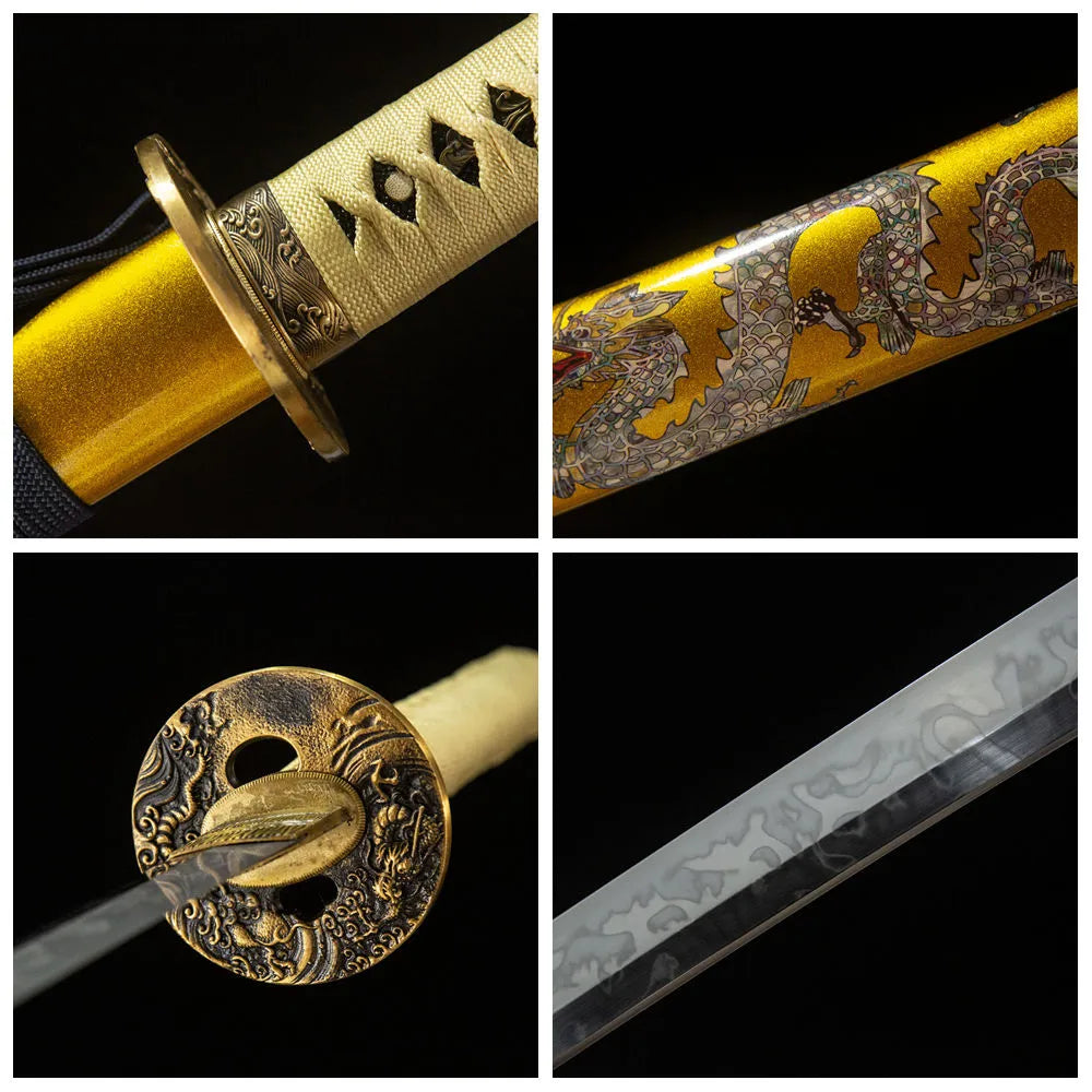 4-grid collage Double Dragon brass wave tsuba ray skin tsuka hitatsura blade golden dragon saya details