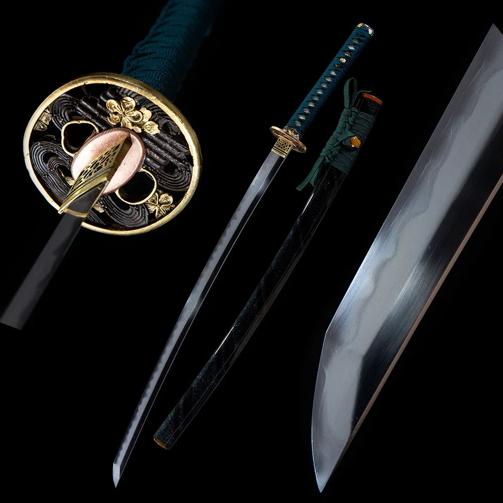 T10 Tsuchioki Notare Hamon Gilded Hollow Sakura Brass Fittings Black Glitter Saya Dark Green Tsuka Disassemblable High-End Collectible Katana