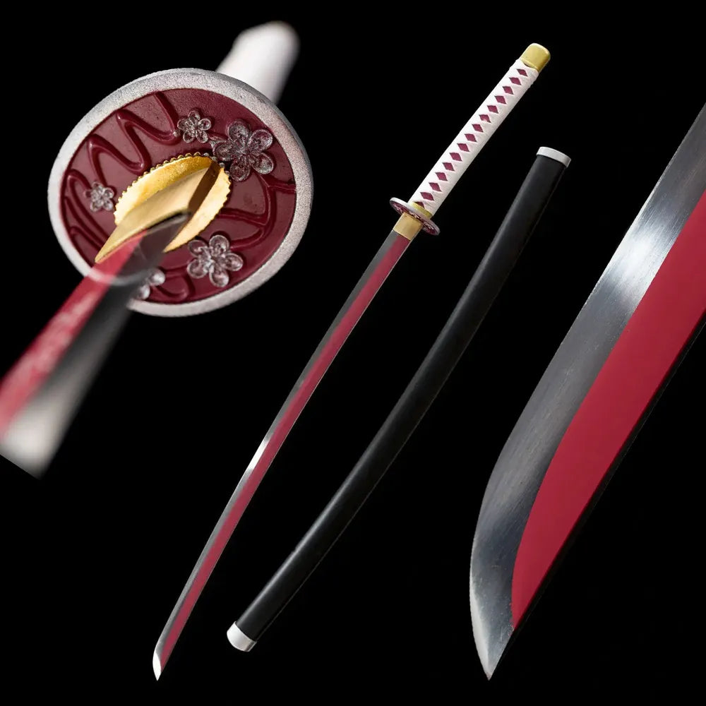 Tsuyuri Kanawo nichirin katana drawn blade pale cherry‑blossom print saya full black‑background studio shot