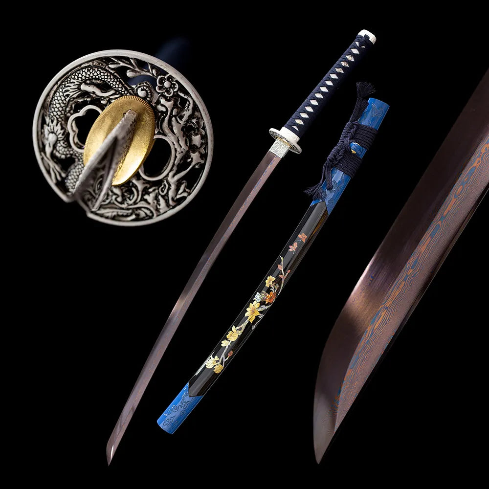 Blood‑Plum‑Katana japanese ume plum‑blossom themed samurai katana drawn damascus oil‑quenched tinted blade painted‑plum saya full black‑background studio shot
