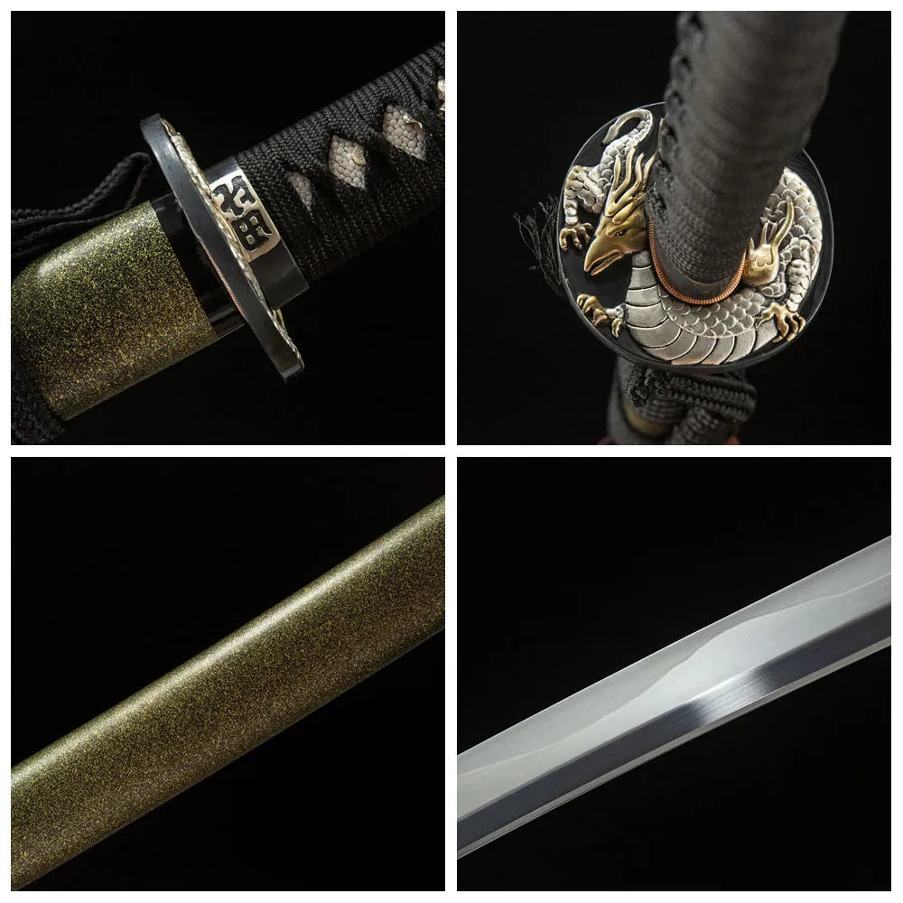 4-grid collage Qiuniu myth carved blade gold silver qiuniu copper tsuba ray skin tsuka wood saya
