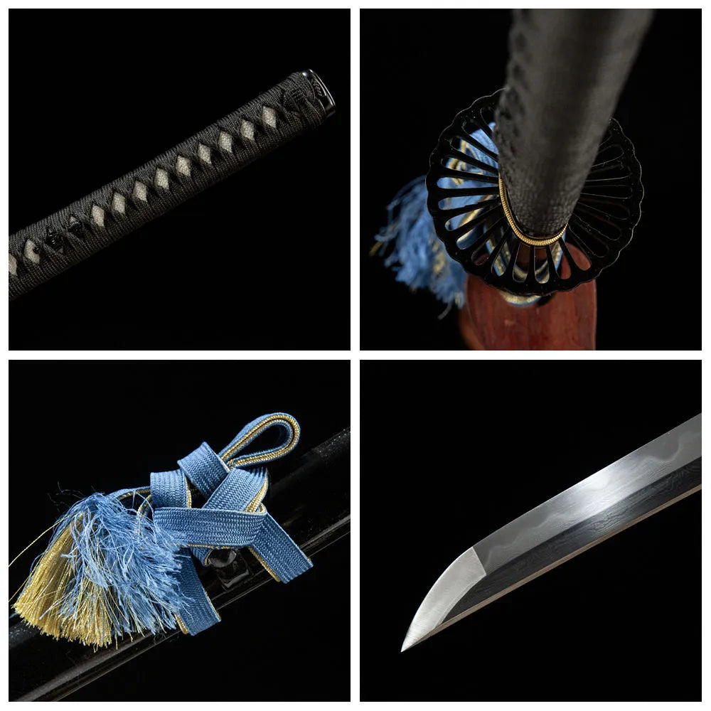 4-grid detail collage of Black Edge Katana blade, handle, iron tsuba and saya