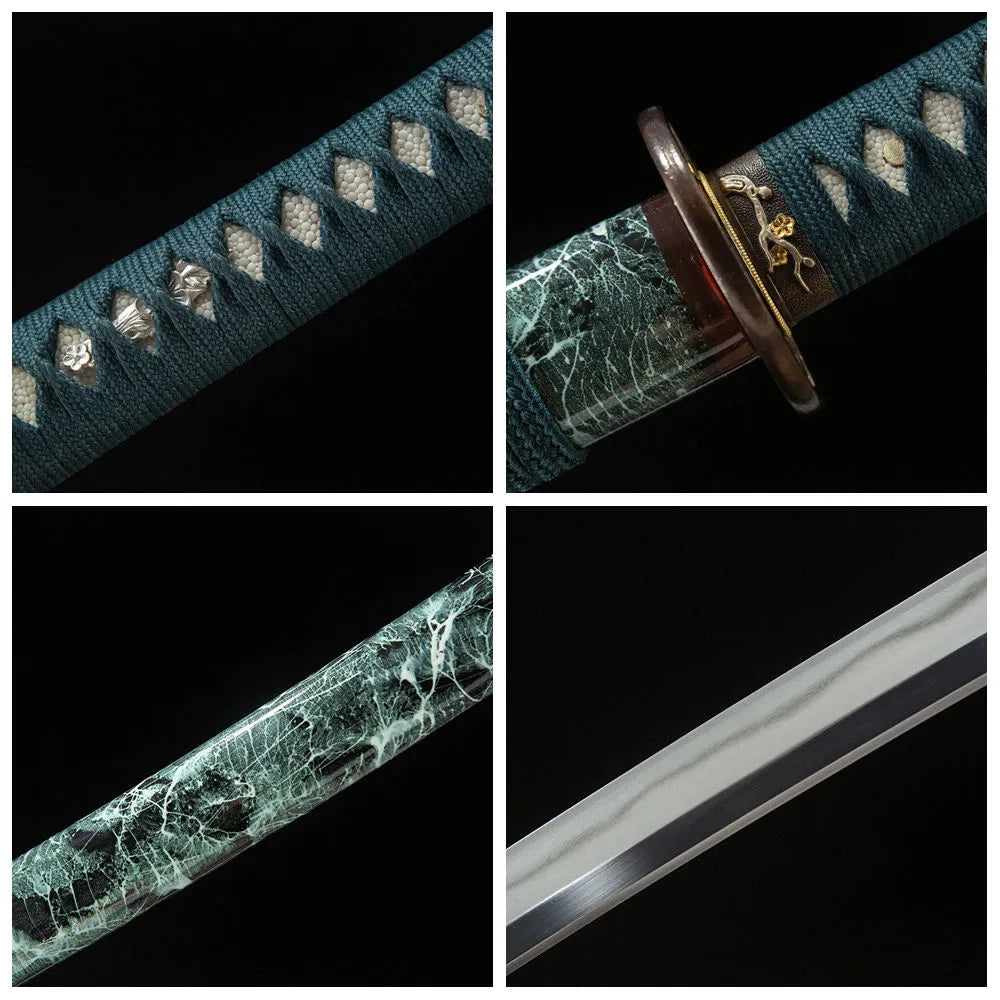 4-grid collage Qingtang T10 notare blade gold silver copper tsuba full ox horn hand painted saya