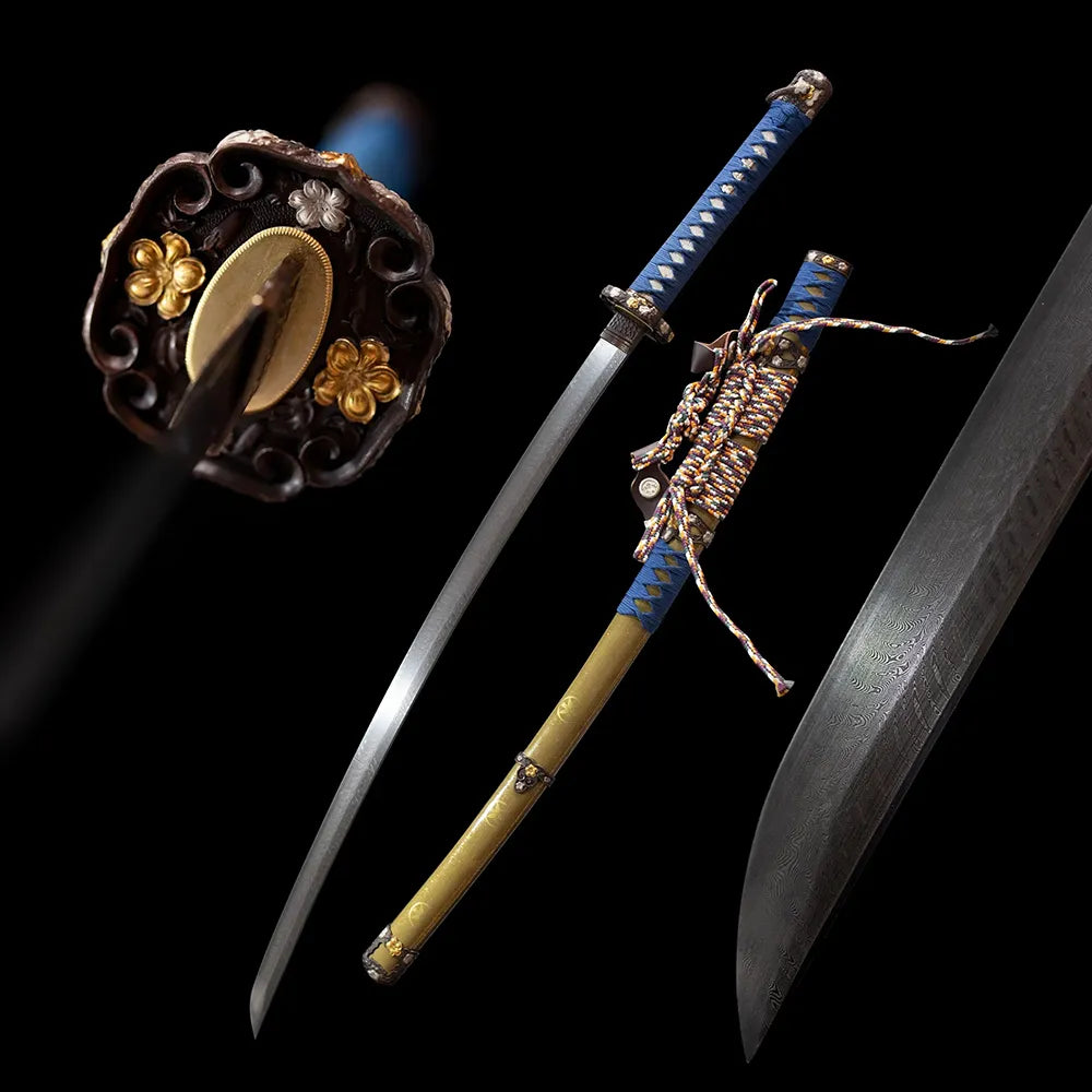 Tachi‑Fukushima‑Masanori Sengoku warlord Fukushima‑Masanori historical tachi drawn multi‑layer damascus oil‑quenched blade vintage‑brown gilded‑mon tachi saya full black‑background studio shot