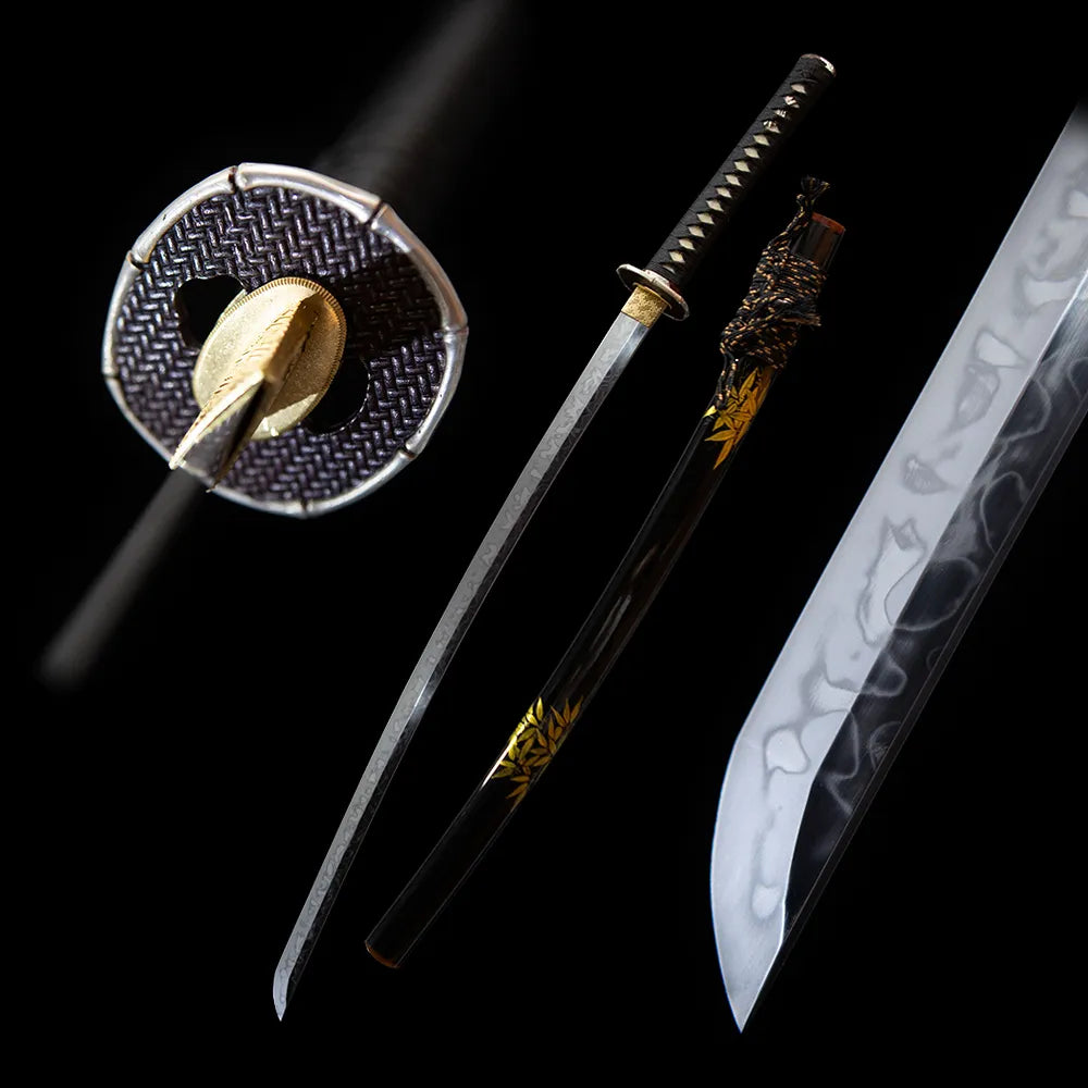 Seasonal bamboo katana blade and golden bamboo scabbard black studio shot
