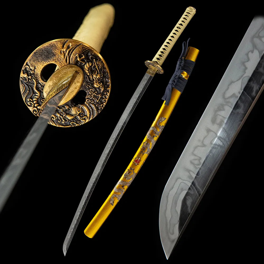 Double Dragon Katana, T10 Hitatsura Cloud Hamon Real Yokote Brass Double Dragon Hand Painted Gold Saya Disassemblable Collectible Katana