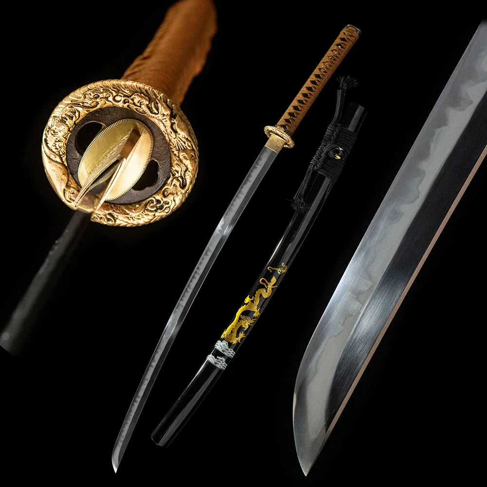 Dragon Soul Katana, T10 Tsuchioki Gunome Hamon Gold Silver Dragon Copper Solid Wood Paint Disassemblable Katana